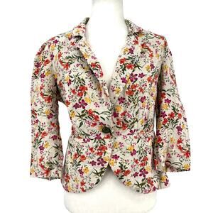 Forever 21 Love 21 Linen Short Blazer Floral Pocket Button Tulip Jacket  (M)